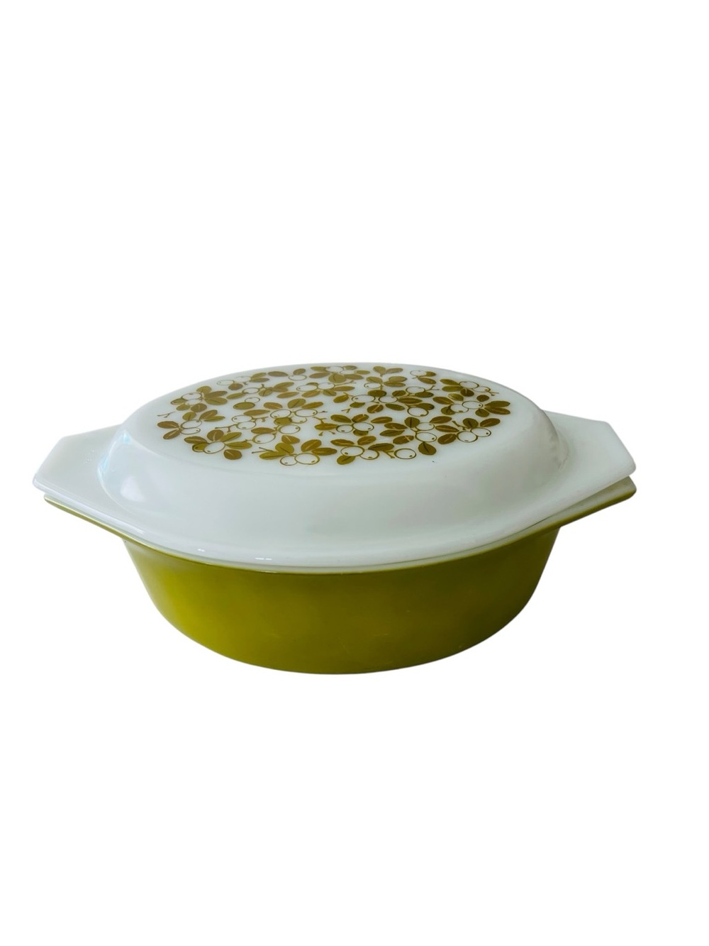 Vintage Pyrex Verde Olive Green Casserole Dish w Patterned Lid 1967-72 MCM
